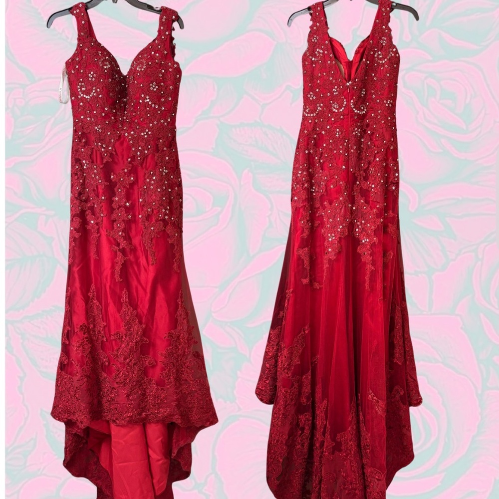 Red Lace Rhinestone High-Low Prom Formal Evening Dress Size 4 - Picture 4 of 6